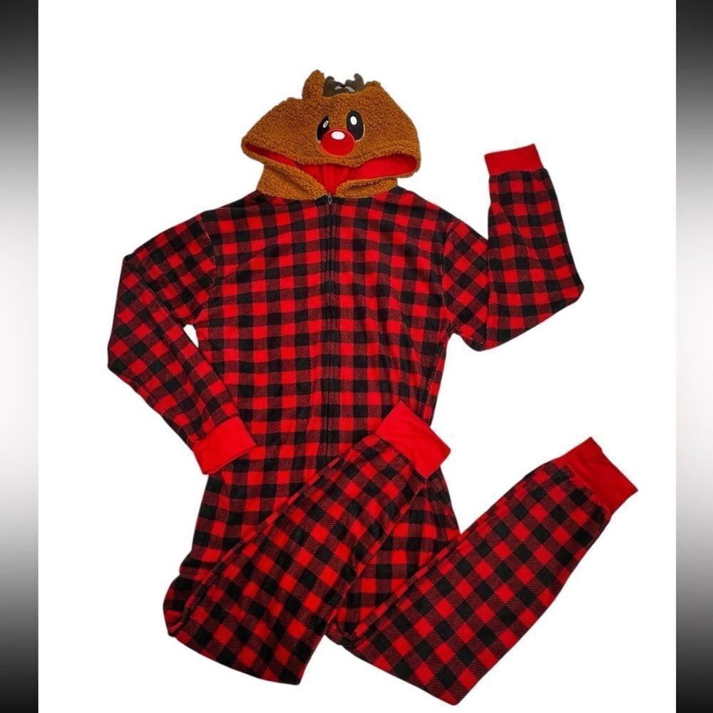 NWOT PJ’s & Presents One Piece Pajama Reindeer Red Buffalo Plaid Adult Size M/L